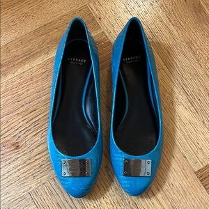 Versace Blue Flats with Decorative Buckle